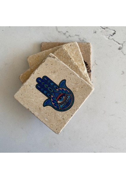 Taş Bardak Altlığı Stone Coasters - 4 Lü Set Hamsa, Nazar Boncuğu
