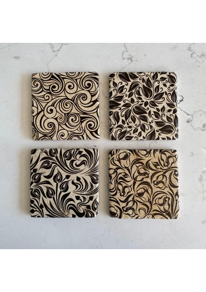 Taş Bardak Altlığı Stone Coasters - 4 Lü Set Minimalist Siyah Çiçek Desen