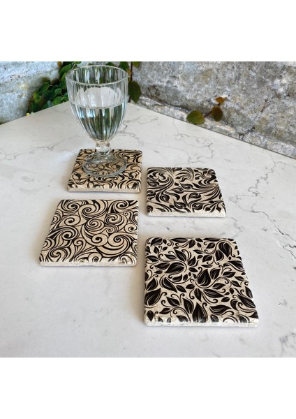 Taş Bardak Altlığı Stone Coasters - 4 Lü Set Minimalist Siyah Çiçek Desen