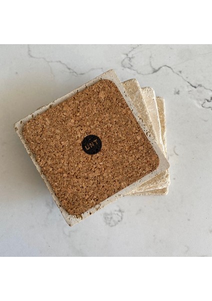Taş Bardak Altlığı Stone Coasters - 4 Lü Set Minimalist Siyah Çiçek Desen