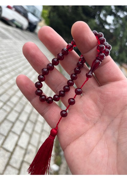 Sıkma Kehribar Tesbih Bordo Beyzi Model 33 Tane Osmanlı Saçak Püskül 25,5 cm 6x7mm SK01040.060523