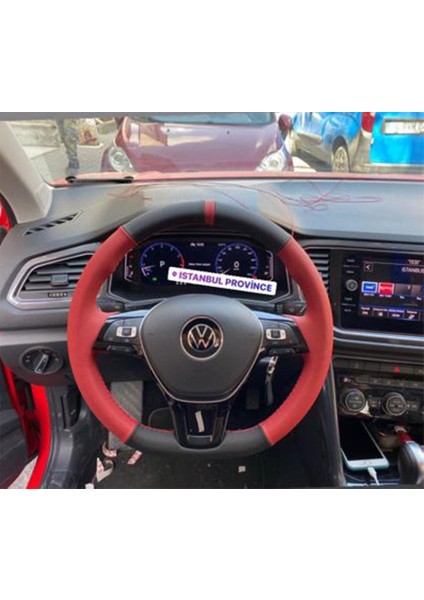 Volkswagen Golf-Jetta-Caddy-Passat-Tiguan-toureg- 2015-20 Kırmızı siyah kırmızı dikişli direksiyon kılıfı