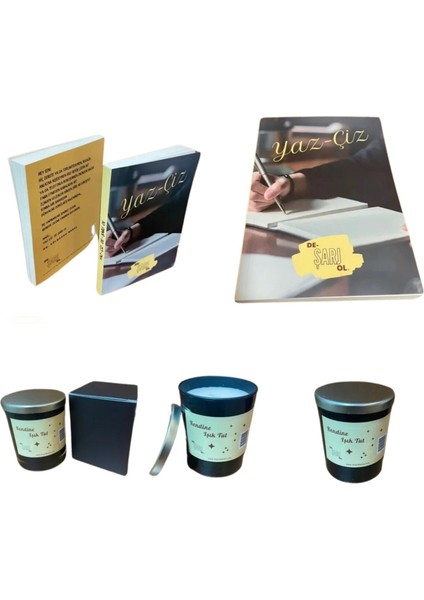 Yaz Çiz Deşarj Ol Defter Yazan El Desenli ve Sabun Kokulu Bardak Mum Metal Gold Kapaklı ( 2'li Hediye Set)