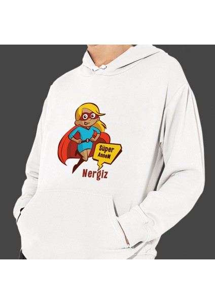 Kişiye Özel Anneler Günü "süper Annem" Baskılı Cepli, Kapşonlu Beyaz Unisex Sweatshirt HK2626
