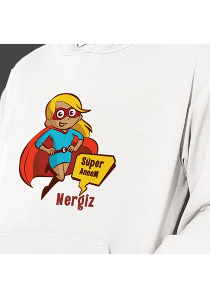 Kişiye Özel Anneler Günü "süper Annem" Baskılı Cepli, Kapşonlu Beyaz Unisex Sweatshirt HK2626 fiyatları
