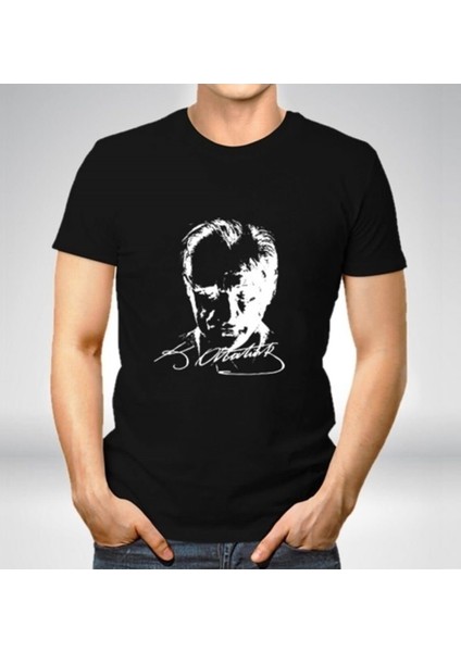 Siyah Atatürk Tişört Yetişkin Atatürk Baskılı T-Shirt