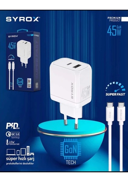 Gan Serisi Pd 45W Type-C ve Usb-A Çıkışlı- Type-C Kablolu Super Hızılı Turbo Şarj Aleti