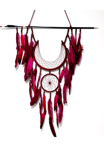Ok ve Ay Modelli Vişne Rengi Dream Catcher Duvar Süsü