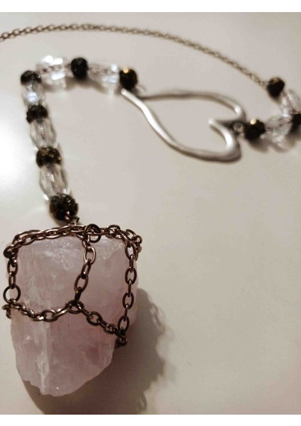 Feng Shui Aşk Pembe Külçe Kuvars Gümüş Kaplama Kalp ile Askılı Dekoratif Obje