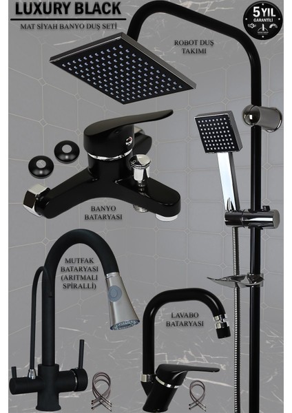 Siyah Banyo Lavabo Mutfak Bataryası Robot Duş Seti Siyah Banyo Seti Armatür Musluk Batarya Musluk