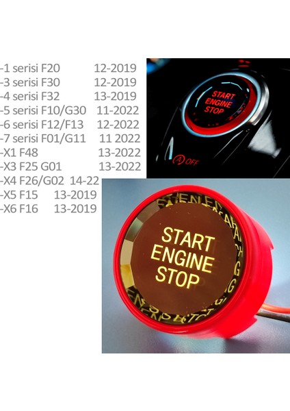 Bmw F36 Start Stop Buton Kapağı - Bmw F36 Kristal Start Stop Buton Kırmızı