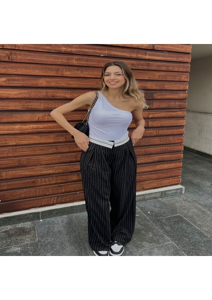 Çizgili Kemer Detay Palazzo Pantolon