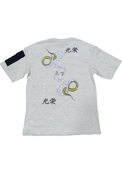 Erkek Çocuk /kız Çocuk Önü Yazı Sırtı Yılan Desenli Kolu Cepli Oversize Tişört Ekru fiyatları