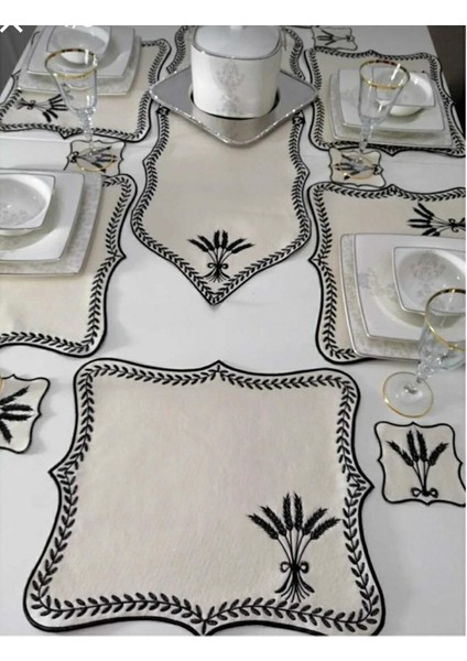 Amerikan Servis ve Runner Seti 6kişilik (Başak Buketi) (13PARÇA)BEYAZ-SIYAH