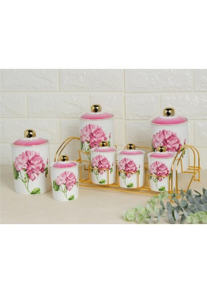Smyrna Pembe Çiçek 8 Parça Gold Standlı Porselen Baharat Takımı Purebone-49
