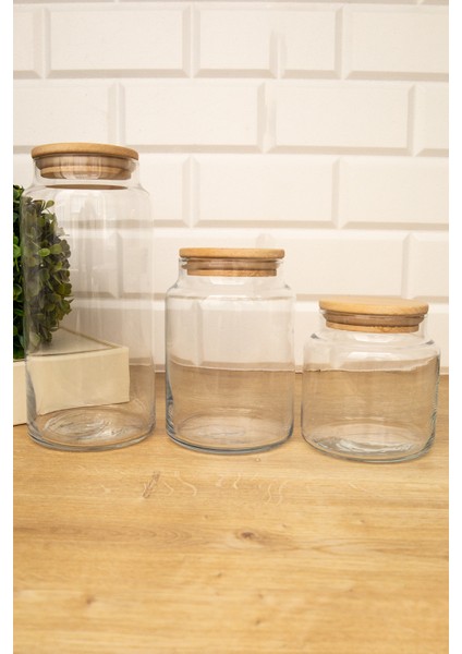 3'lü Ahşap Kapaklı Cam Kavanoz Saklama Kabı Baharatlık 1300 ml + 800 ml + 500 ml