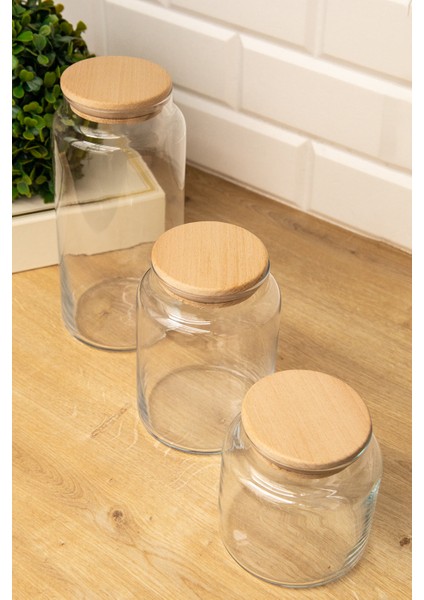 3'lü Ahşap Kapaklı Cam Kavanoz Saklama Kabı Baharatlık 1300 ml + 800 ml + 500 ml