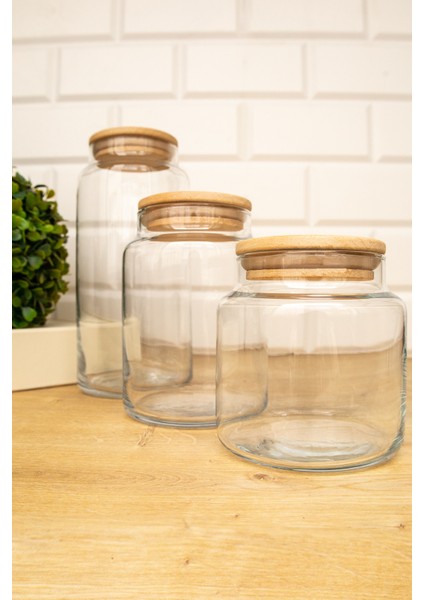3'lü Ahşap Kapaklı Cam Kavanoz Saklama Kabı Baharatlık 1300 ml + 800 ml + 500 ml