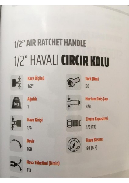 1/2 Havalı Cırcır Kolu 50 Tork ( Nm )