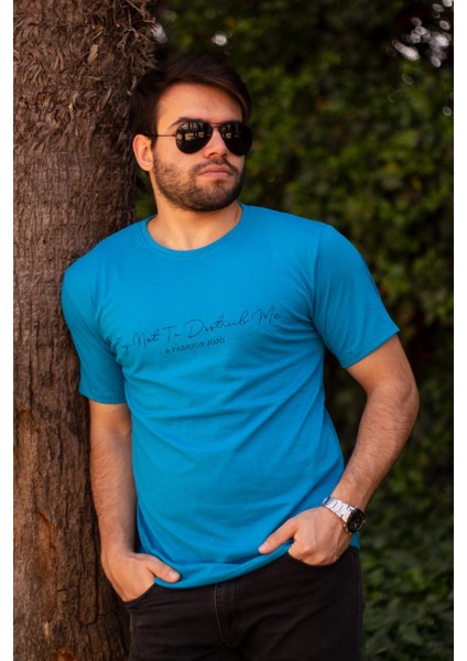 Erkek Turkuaz El Yazısı Imza Baskı Kısa Kollu Bisiklet Yaka Erkek T-Shirt 22ETSHEYAZ