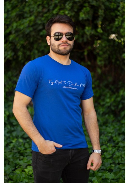 Erkek Mavi El Yazısı Imza Baskı Kısa Kollu Bisiklet Yaka Erkek T-Shirt 22ETSHEYAZ