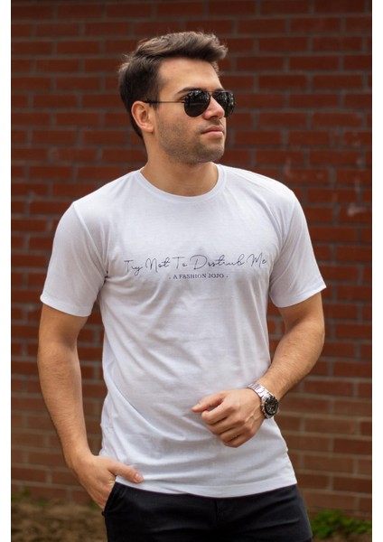 Erkek Beyaz El Yazısı Imza Baskı Kısa Kollu Bisiklet Yaka Erkek T-Shirt 22ETSHEYAZ