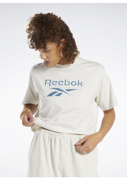 Yuvarlak Yaka Düz Ekru Kadın T-Shirt IC8094 cl Ae Bıg Logo Crop