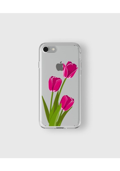 Apple iPhone 7 Plus / 8 Plus Uyumlu Pembe Lale Tasarımlı Şeffaf Kılıf