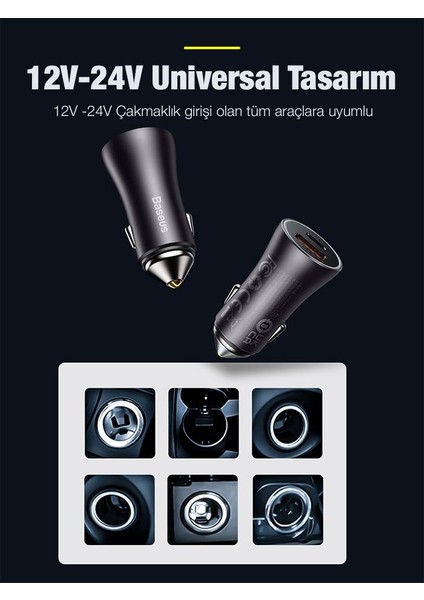 Super Şarj 60W Type-C+Usb Çıkışlı Araç Çakmaklık Şarjı Akıllı Güvenlik Korumalı LED Işıklı Şarj