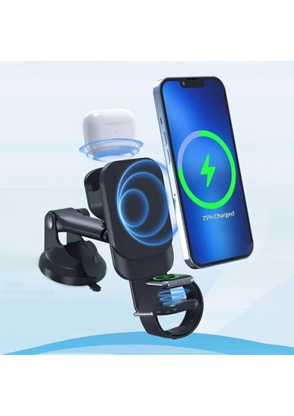 Polham 3in1 15W Magsafe Apple iPhone 12,13,14 Serisi, Airpods ve Apple Watch Kablosuz Şarjlı Telefon Tutucu
