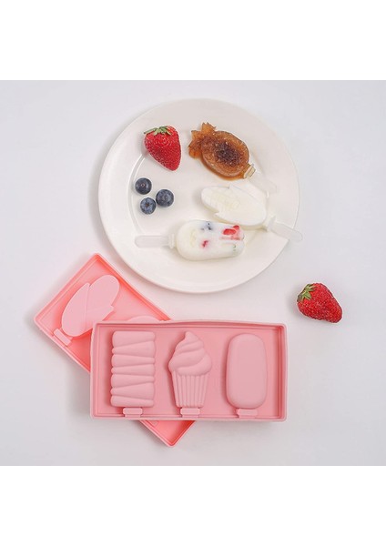 Silikon Dondurma Kalıbı 3'lü ve 15 Adet Dondurma Çubuğu