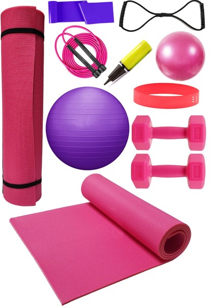 Pilates Minderi 65 cm ve 20 cm Pilates Topu Pilates Lastiği Ip Direnç Lastiği 1 kg Dambıl ve Pompa