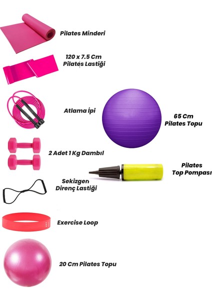 Pilates Minderi 65 cm ve 20 cm Pilates Topu Pilates Lastiği Ip Direnç Lastiği 1 kg Dambıl ve Pompa fiyatları