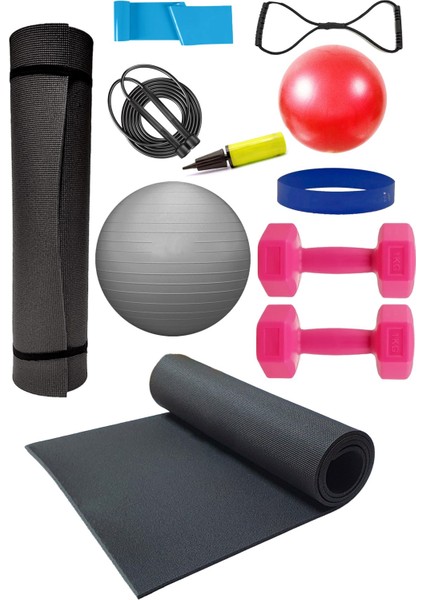 Pilates Minderi 65 cm ve 20 cm Pilates Topu Pilates Lastiği Ip Direnç Lastiği 1 kg Dambıl ve Pompa