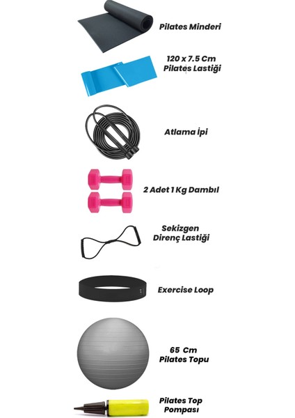 Pilates Minderi 65 cm ve 20 cm Pilates Topu Pilates Lastiği Ip Direnç Lastiği 1 kg Dambıl ve Pompa
