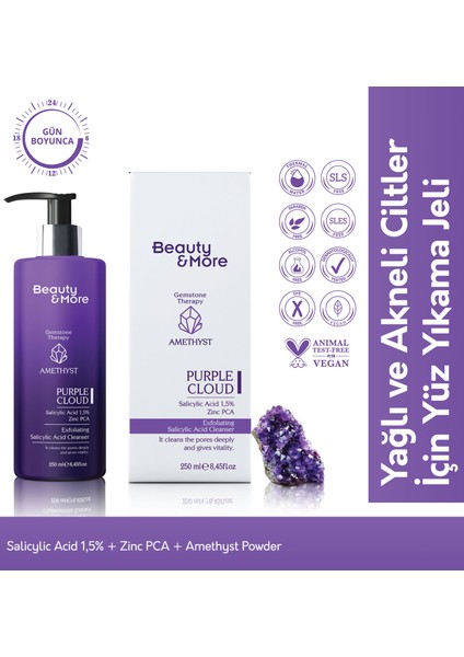 Ametist Purple Cloud Yağlı ve Akneli Ciltler Için Yüz Yıkama Jeli 250 ml Salicylic Acid 1,5% + Zinc PCA+ Ametist Powder