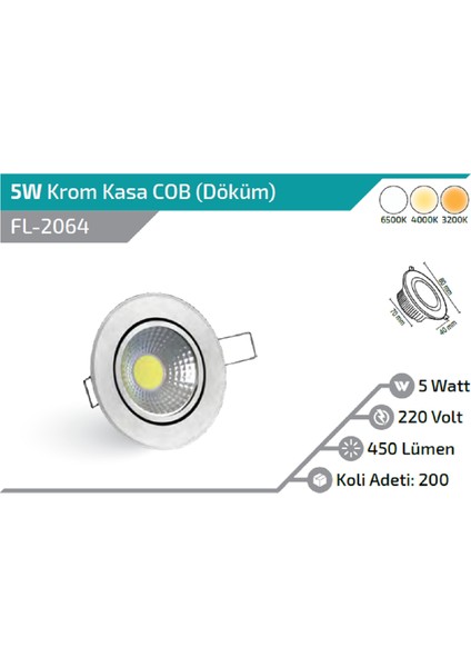 5W Downlight Armatür Krom Kasa Beyaz 6500K