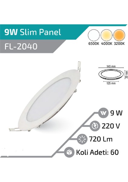 9W Yuvarlak LED Panel Gün Işığı 3200K