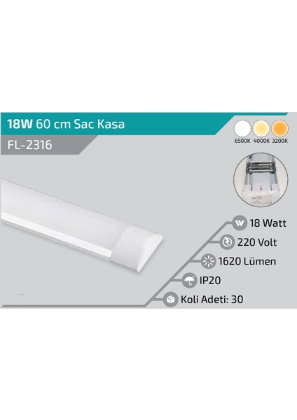 18W 60 cm LED Bant Armatür Beyaz Işık 6500K