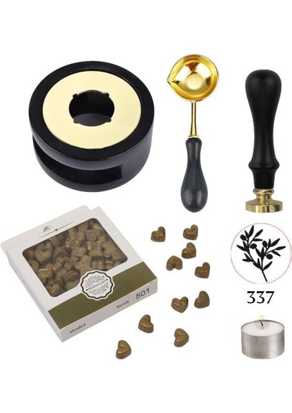 Davetiye Mum Mühürü Uygulama Seti Siyah Renk 337 Zeytin Dalı