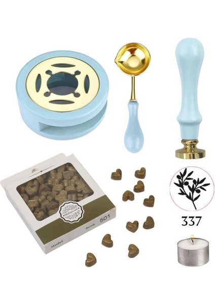 Davetiye Mum Mühürü Uygulama Seti Mavi Renk 337 Zeytin Dalı