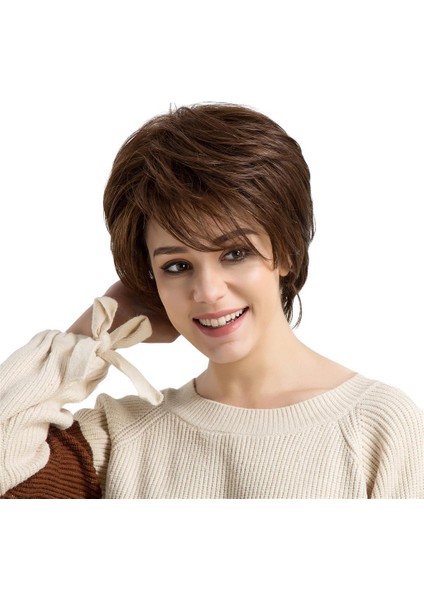 Doğal Kadınlar Kısa Düz Kahverengi Tam Peruk Insan Saç Peruk 42CM (Yurt Dışından) fiyatları