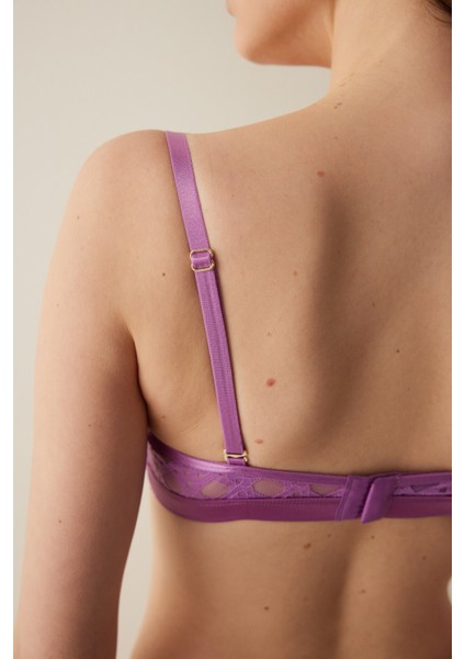 Lila Balenli Dolgulu Straplez Push Up Sütyen
