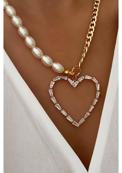 Oval İnci Gold Zincir Kalp Kolye
