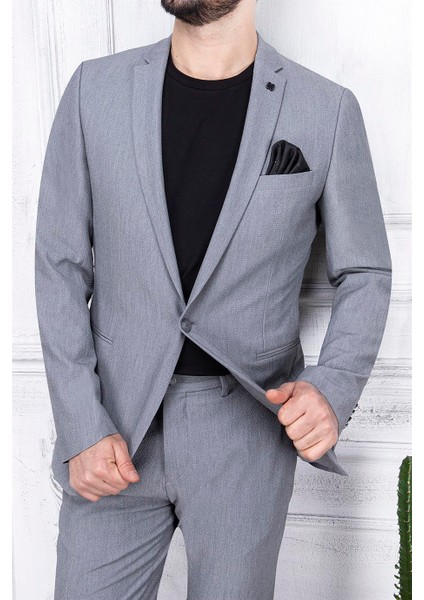 Erkek Slim Fit Mono Yaka Astarsız Gri Takım Elbise