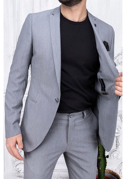 Erkek Slim Fit Mono Yaka Astarsız Gri Takım Elbise