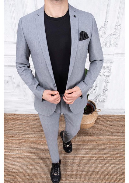 Erkek Slim Fit Mono Yaka Astarsız Gri Takım Elbise