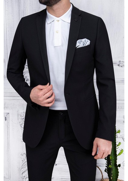 Erkek Slim Fit Mono Yaka Astarsız Siyah Takım Elbise