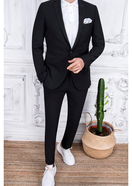 Erkek Slim Fit Mono Yaka Astarsız Siyah Takım Elbise fiyatları
