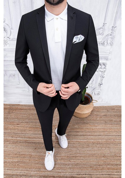 Erkek Slim Fit Mono Yaka Astarsız Siyah Takım Elbise modelleri
